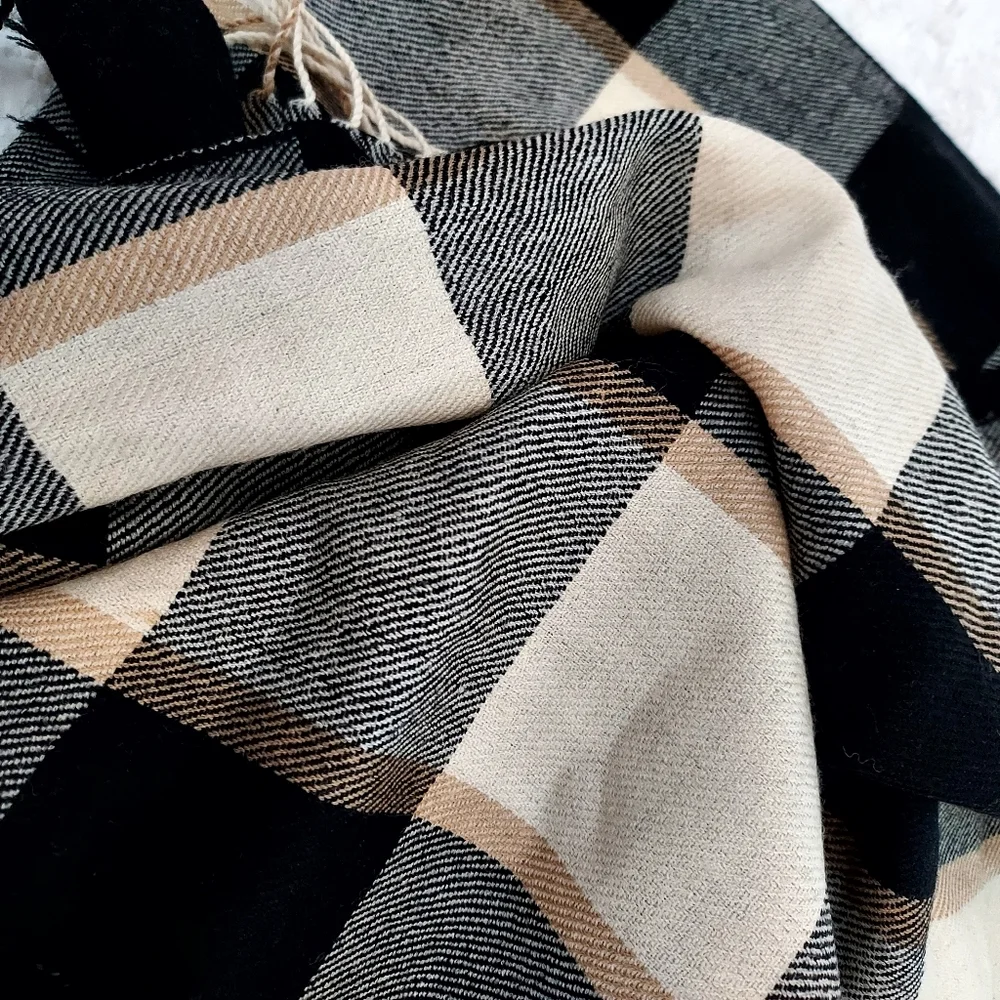 Lovely Warm Neutral plaid Accent Scarf with fringe 60x16 Winter Chic Academia